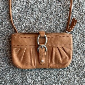 Sigrid Olsen Cognac Leather Crossbody Bag - Buckle Detail & Green Floral Lining